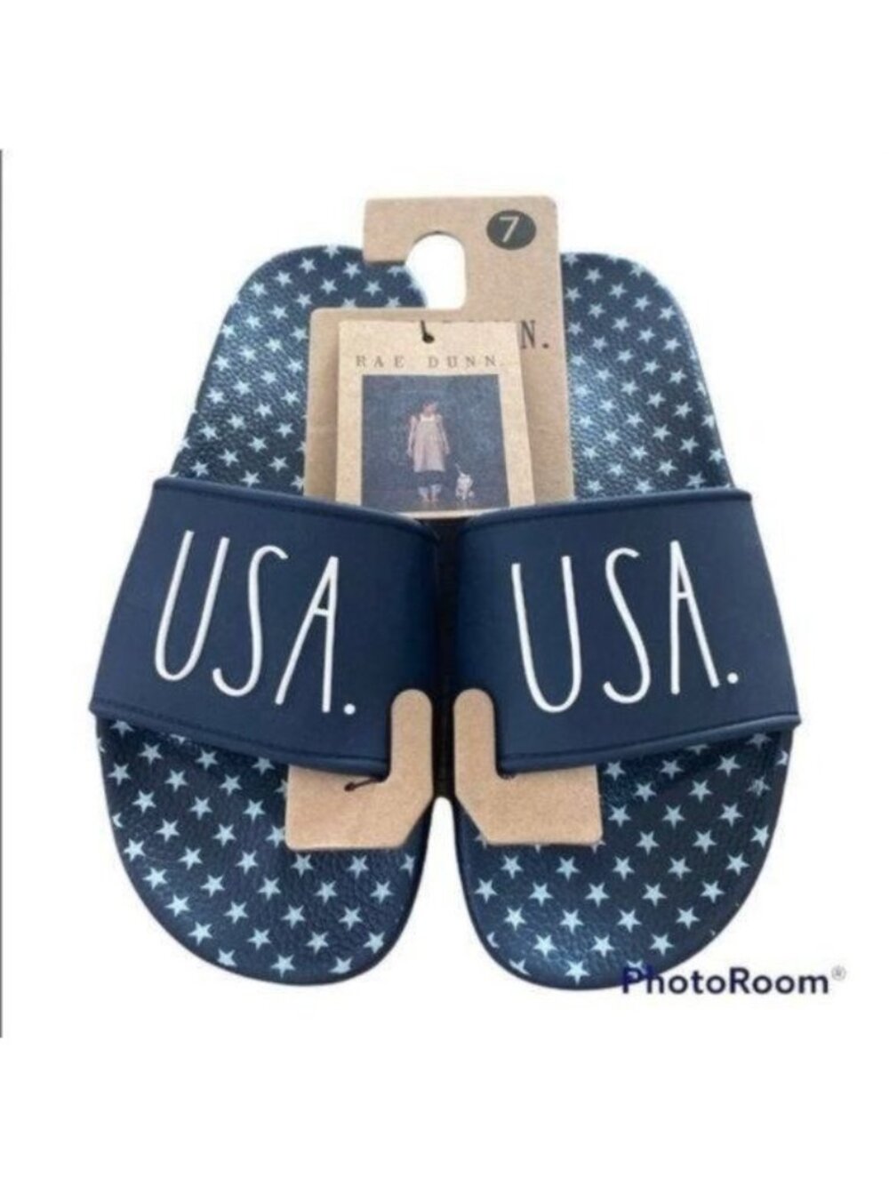 Rae Dunn "U.S.A." Logo Slide Sandals Women’s Size 7 Blue & White